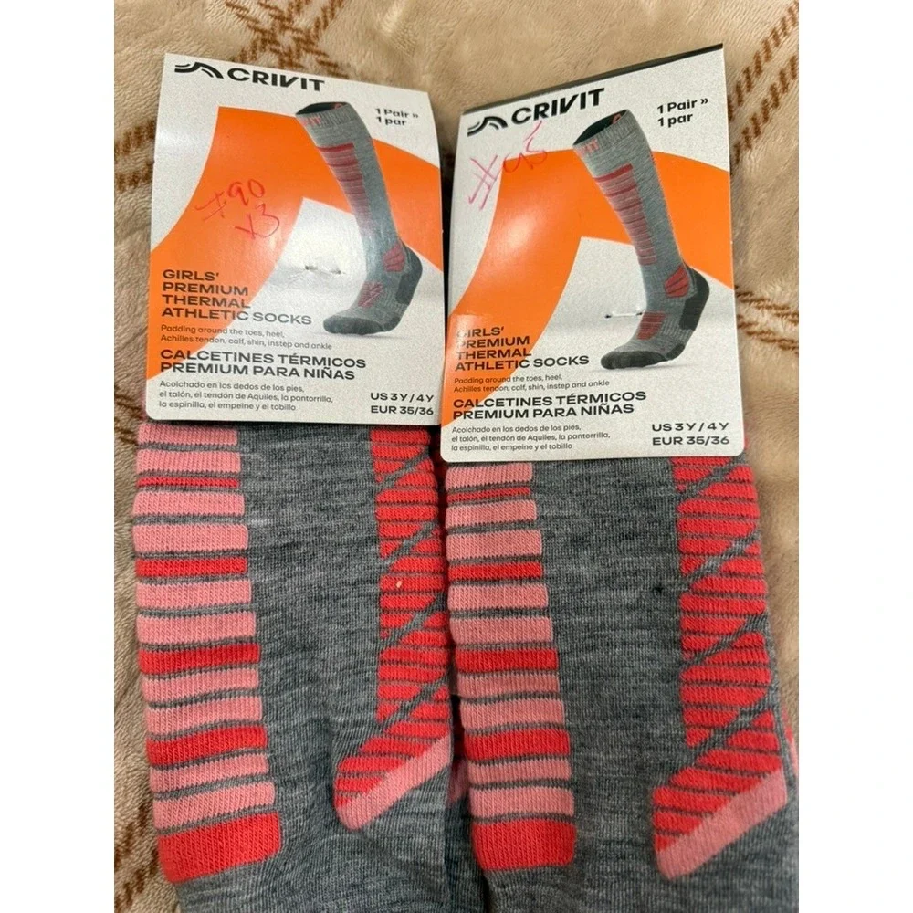 Crivit Girls Premium Thermal Athletic Socks 2 Pk Gray Pink 3Y 4Y Ski Hiking Wool